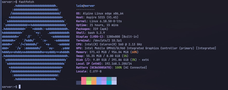 fastfetch on the server: alpine edge, celeron 560, 571 mb in use
